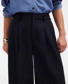 Coming in wool-blend twill, our best-selling pleat-front pants now have superwide legs for an elevated, slouchy look. Wear them with everything from a classic tee to a layered button up and blazer look. Blazer Look, Tailored Pants, Casual Pants, Madewell, Wool Blend, Button Up, Trousers, Blazer, Wool