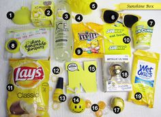 the contents of a yellow lunch box laid out