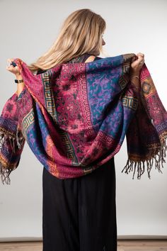 One blanket shawl to rule them all... find yourself at the crossroads of comfort and style, this colorful shawl is the perfect campfire companion, hippie wardrobe staple, or indie accent to a funky boho outfit. Keep warm while keeping cool in the Buta blanket shawl. Shawl Aesthetic, Scarf Aesthetic, Blanket Dress, The World Is Your Oyster, World Is Your Oyster, Boho Shawl, Boho Scarf, Big Scarf, Boho Outfit