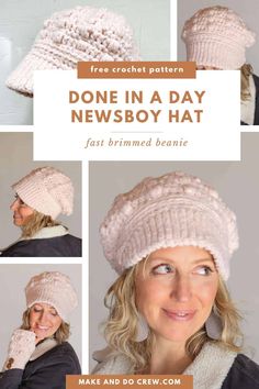 a woman wearing a knitted hat with text that reads, done in a day newsboy