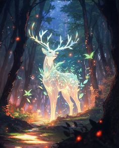 a deer standing in the middle of a forest with fireflies on its antlers