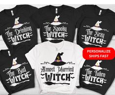 Enchant your bachelorette party with our personalized witch-themed shirts! Perfect for a night of spooky fun, these custom shirts feature playful titles like "The Almost Married Witch," "The Spooky Witch," and "The Freaky Witch." Made from high-quality, comfortable fabric, these shirts are designed to make your hen party unforgettable. Whether you're casting spells or dancing under the moonlight, our witch-themed bachelorette shirts will ensure you and your squad stand out in style. Order now to Customizable Black Party Tops, Fitted Black T-shirt For Bachelorette Party, Customizable Black Top For Party, Customizable Black Party Top, Bachelorette Tee Shirts, Witch Bride, Bachelorette T Shirt, Bachelorette Tees, Themed Bachelorette