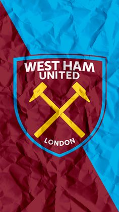 the west ham united logo is shown on a blue and red background with crumpled paper