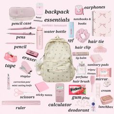 School Aesthetic Essentials, Organized Backpack Aesthetic, Girly Bag Essentials, School Equipment List, School Backpack Essentials Aesthetic, What To Keep In Your Bag For School, Essentials School Bag, What To Put In Your School Bag List, Whats In My Bag Coquette