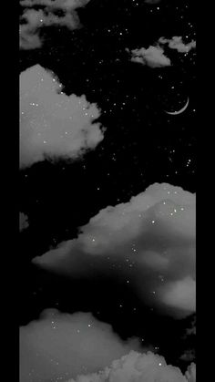 the night sky is filled with stars, clouds and crescents in black and white