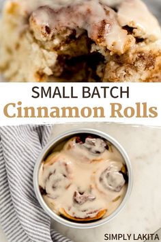 small batch cinnamon rolls with icing on top and in a bowl next to it