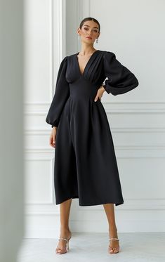 Fabric: Crepe Cotton 75%, Polyester 20%, Elastane 5% V-neck Puff sleeves Long sleeves Midi length Color: White, Purple, Black, Crimson Black Dress Midi, Long Sleeve Black Dress, Sleeve Black Dress, Tailored Clothes, Fashion Aesthetics, Puff Sleeve Dresses, Black Long Sleeve Dress, Long Sleeve Midi, Black Midi Dress