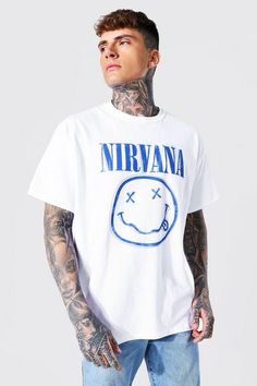 Oversized Nirvana Face License T-shirt | boohooMAN USA White Pop Culture Slogan Top, White Pop Culture Slogan Tops, White Pop Culture Tops With Slogan, Pop Culture Slogan T-shirt Crew Neck, White Grunge Fan Merchandise Top, White Grunge Fan Merchandise Tops, Pop Culture Fan Merchandise Tops With Text Print, Pop Culture Text Print Tops For Streetwear, Pop Culture Tops With Text Print For Fans