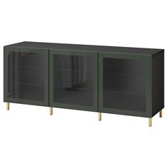 a black and gold sideboard with glass doors on the bottom, two shelves below