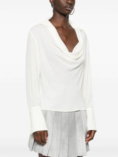 Find LIU JO Draped Blouse on Editorialist. white crepe texture semi-sheer construction draped design cowl neck long sleeves buttoned cuffs curved hem Draped Blouse, Cowl Neck Long Sleeve, Versace Outfit, Yoko London, Wardrobe Edit, Designer Drapes, Blouse White, Boots Fall, Exclusive Fashion