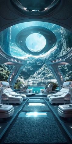 the interior of a futuristic space station with beds and couches in front of an ocean view