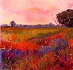 an oil painting of a field with trees and flowers in the foreground at sunset