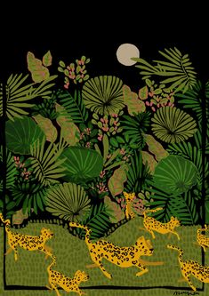 an image of leopards running through the jungle in front of trees and plants at night