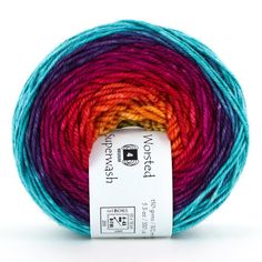 multicolored skeins of yarn with white tag on the top and bottom