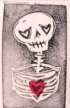 a drawing of a skeleton holding a red heart