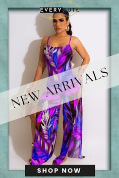 Tropical Print Spaghetti Straps Wide Leg Jumpsuit Purple Sleeveless Jumpsuit For Vacation, Summer Vacation Purple Jumpsuits And Rompers, Purple Jumpsuits And Rompers For Summer Vacation, Trendy Purple Summer Jumpsuits And Rompers, Purple Casual Party Jumpsuits And Rompers, Casual Purple Jumpsuits And Rompers For Party, Chic Purple Beach Jumpsuits And Rompers, Chic Purple Jumpsuits And Rompers For Beach, Chic Purple Jumpsuit For Beach