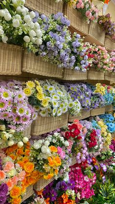 many colorful flowers are arranged in baskets on the wall