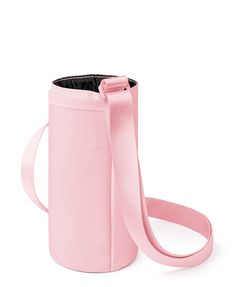 a pink wine bottle with a strap around it