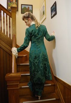 "Edwardian styled damask suit includes the long coat, skirt, and detachable jabot and cuffs. The coat measures approximately 44\" from shoulder to hem and closes with covered buttons. The matching skirt has an elastic waist. Proudly made in the US by Recollections. Damask fabric is 70% cotton & 30% polyester. Dry clean. Liesa completes the look with boots and jewelry and they are available priced separately. The following are approximate finished measurements and include room for ease of mov Coat Skirt, Damask Fabric, Edwardian Style, Purple Plaid, Corduroy Dress, Prairie Dress, Edwardian Fashion, 5 S, Hawks