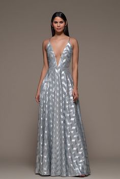 Plunging Neckline A-Line Dress - HerTrove Ruffled Gown, Mnm Couture, High Low Gown, Drape Gowns, Off Shoulder Gown, Sleeveless Gown, Column Gown, A Line Gown, Dress Sleeveless