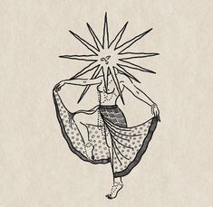 a drawing of a woman dancing with the sun above her head