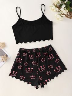 Letter & Crown Print Lettuce Trim PJ Set / Pajama Set Adrette Outfits, Crown Print, Cute Sleepwear, Cute Pajama Sets, Cute Dress Outfits, Cute Lazy Outfits, Short Pj Set, Cute Preppy Outfits, Cute Pajamas