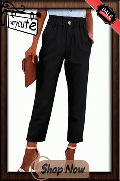 Black High Rise Paper Bag Waist Pocketed Casual Pants Casual Paperbag Waist Bottoms For Business Casual, Casual Office Pants With Pockets, Casual Paperbag Waist Pants For Work, Black Bottoms With Pockets For Day Out, Chic Paperbag Waist Pants With Pockets, Office Paperbag Waist Pants With Pockets, Casual Office Pants With Paperbag Waist, Casual Pants With Elastic Waistband For Office, Chic Black Pants With Side Pockets