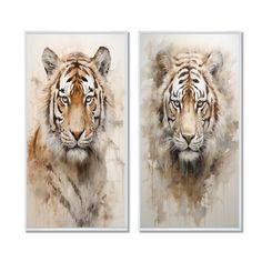 two paintings of tigers on the wall, one is white and the other is brown