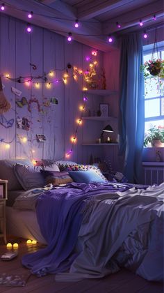 a bedroom with lights strung from the ceiling