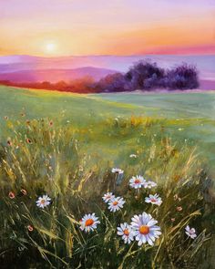 a painting of daisies in a field at sunset