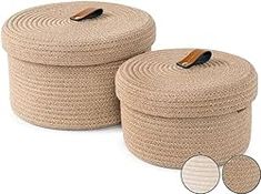 two round storage baskets with lids and handles