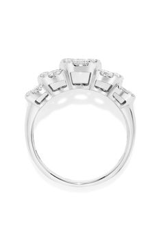 An easy-to-wear ring will add significant polish to even your most casual ensembles. Total diamond weight: 1.25ct. Color: G–H Clarity: SI1 14k-white gold/diamond Imported Diamond Guide 14k White Gold Hallmarked Cluster Ring, Luxury White Gia Certified Cluster Ring, Hallmarked Sterling Silver Cluster Ring In White Gold, Classic White Hallmarked Cluster Ring, White Hallmarked Diamond Ring Collectible, Diamond Guide, Diamond Cluster Ring, Diamond Cluster, G H