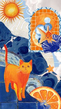 an orange cat is standing in front of blue tiles and the sun above it,