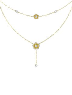 The Halo Flower Yellow Gold Necklace is an 18 karat yellow gold layered necklace. A petite yellow gold and natural diamond camellia-inspired flower sits at the center of the top row, accompanied by diamonds on either side. The second row is a y-necklace with a flower at the center and a natural diamond hanging below. Luxury Flower-shaped Diamond Necklace In Fine Jewelry Style, Yellow Gold Diamond Necklace, Gold Layered Necklace, The Bling Ring, Everyday Jewellery, Flower Yellow, Yellow Necklace, Yellow Gold Necklace, Gold Necklace Layered