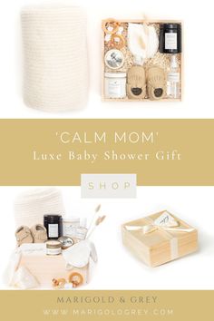 a baby shower gift box with the words calm mom next to it and other items