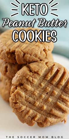 three cookies stacked on top of each other with the words keto peanut butter cookies