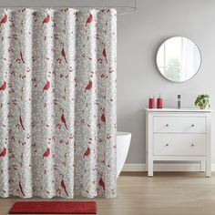 a bathroom with a shower curtain, rug and mirror on the floor in front of it