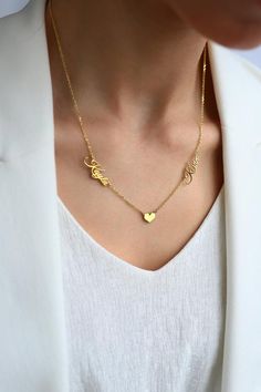 14k solid gold Two Name Necklace, Gold Name Necklace, Gold 2 names necklace, Dainty Name Necklace, Personalized Jewelry, Mothers Day JewelryMaterial: High Quality 14K Solid Gold     Not gold filled or gold platedKARAT: 14 K real goldChain: 14K Solid Gold Chain is includedColor: 14K Yellow GoldFinish: PolishedDimensions:Uppercase letter: 6 mm in heightLower case letter: 4 mm in heightUsually only the first letter is upper case, please let me know exactly as you want it to appearAll our jewelry is Yellow Gold Name Necklace For Anniversary Gift, Name Pendant Necklaces For Anniversary, Name Pendant Necklace For Anniversary, Yellow Gold Name Necklace For Anniversary, Nameplate Necklace For Anniversary, Nameplate Necklace For Anniversary Gift, Yellow Gold Necklaces With Names For Anniversary, Anniversary Yellow Gold Name Necklace, Anniversary Gift Nameplate Necklace