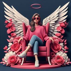 a woman sitting in a pink chair with wings above her head and flowers around her