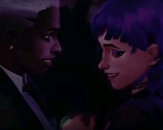 two people standing next to each other in front of a dark background with purple hair