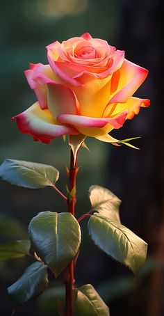 a pink and yellow rose with green leaves in the foreground on a dark background