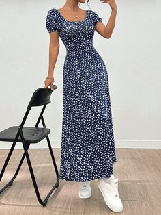 Navy Blue Ditsy Floral Square Neck Puff Sleeve Straight Short Sleeve Midi Dress Maxi Women Outfit Navy Blue Casual  Short Sleeve Knitted Fabric Plants A Line Slight Stretch  Women Clothing, size features are:Bust: ,Length: ,Sleeve Length: Fabric Plants, Navy Outfit, Floral Squares, Midi Short Sleeve Dress, Women Maxi, Dress For Short Women, Women Long Dresses, Long Dresses, Ditsy Floral