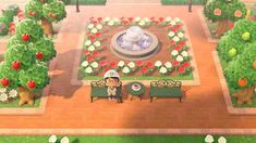 an animal crossing game is shown in the middle of a garden with flowers and trees