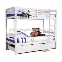 a white bunk bed with two teddy bears sitting on the bottom bunk and another stuffed animal beside it