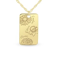 She'll adore the personalized floral charm of this beautiful engravable birth flower rectangle disc pendant. Crafted in your choice of metal This 24.0 x 14.0mm rectangle-shaped disc features up to three birth flowers of your choosing etched along the front side, see drop down menu for options. Further customize the design with up to three corresponding names or messages - each up to eight characters in length - inscribed in an attractive script font. This pendant suspends along an 18.0-inch rope Line Flower, Peoples Jewellers, Disc Pendant, Birth Flower, Birth Flowers, Script Font, Rope Chain, Spring Rings, Personalized Jewelry