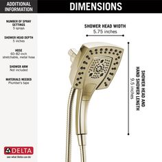 the delta shower head is shown with measurements for it's size and features an adjustable hose