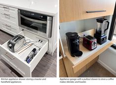 two pictures side by side one shows an appliance drawer and the other shows a coffee maker