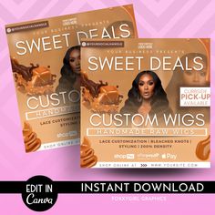 two coupons for sweet deal products with the text, custom wigs and an image of