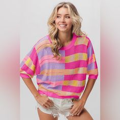 The Multi Color Striped Round Neck Knit Top Is A Vibrant And Versatile Piece That Will Add A Pop Of Color To Your Wardrobe. Featuring A Variety Of Hues In A Striped Pattern, This Knit Top Offers A Fun And Playful Look. The Round Neckline Provides A Classic And Flattering Silhouette That Can Be Easily Styled For Different Occasions. Pair It With Jeans For A Casual And Colorful Outfit, Or Dress It Up With A Skirt And Heels For A More Polished Ensemble. The Mix Of Colors Adds A Dynamic And Eye-Catc Multicolor Soft Knit Crew Neck Tops, Chic Multicolor Summer Sweater, Multicolor Soft Knit Tops, Trendy Yellow Soft Knit Sweater, Color Block Knit Top For Spring, Summer Color Block Knit Sweater, Spring Color Block Knit Top, Spring Knit Color Block Top, Yellow Soft Knit Sweater For Spring