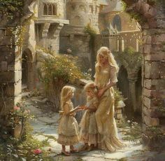 a painting of two women and a child in a castle courtyard with flowers on the ground